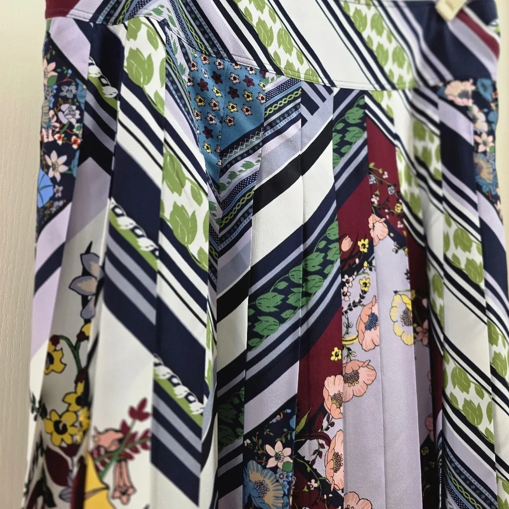 Tory Burch Navy, Burgundy, Green & Lilac Striped Floral Circle Skirt